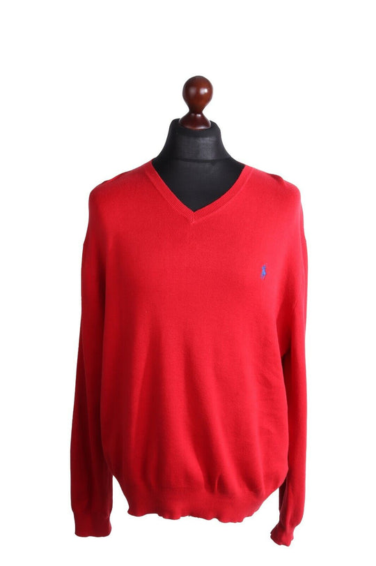 Men's POLO RALPH LAUREN Red 100% Cotton V-Neck Jumper Size XL