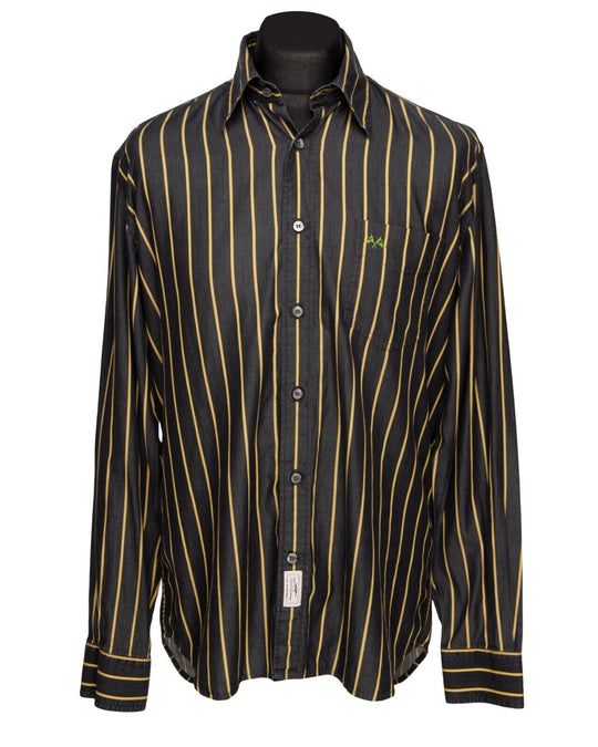 Vintage THOMAS BURBERRY Shirt Black Yellow Striped Cotton Men's Button Up Size L