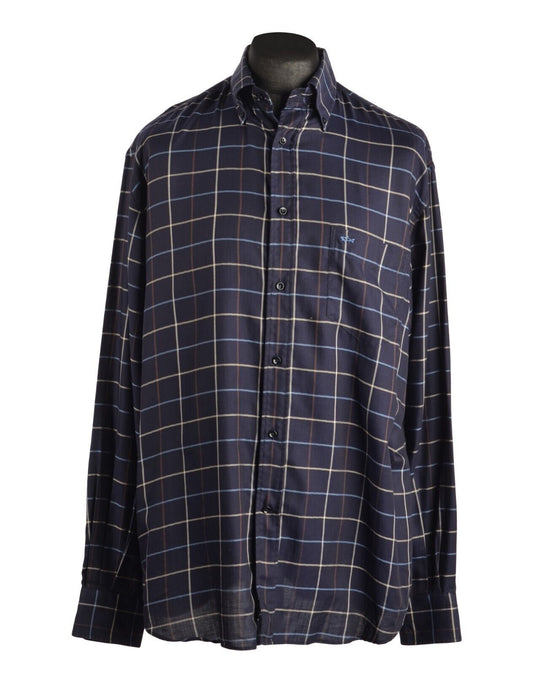 Men's PAUL & SHARK Navy Blue Check 100% Cotton LS Shirt Size 43 / XL