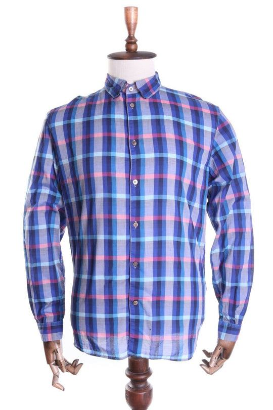 Men's PAUL SMITH JEANS Navy Blue Check 100% Cotton Classic Fit LS Shirt Size M