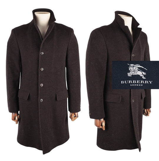 Men's BURBERRY Brown Herringbone Wool Blend Long Coat Size 46 / 36