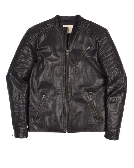 Men's SELECTED HOMME  Black Leather Moto Biker Zip Short Jacket Size S