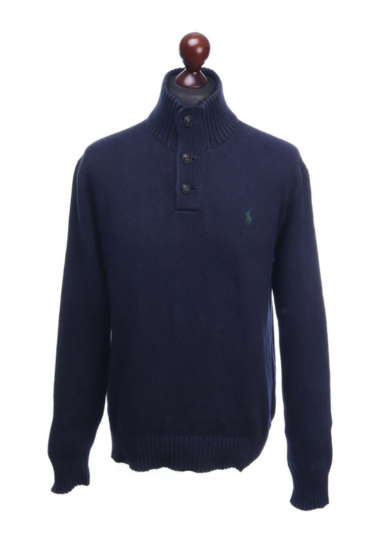 POLO RALPH LAUREN Navy Cotton Button-Neck Sweater Jumper Size M