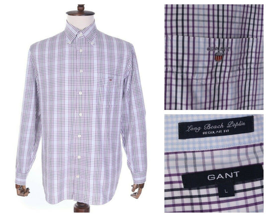 Men's GANT Purple Check 100% Cotton Reg Fit Long Beach Poplin LS Shirt Size L