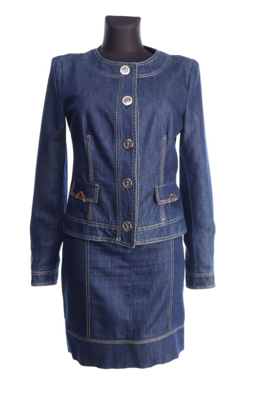 ROCCOBAROCCO Italy Navy Blue Silk Cotton Denim 2 Piece Skirt Suit Size 44