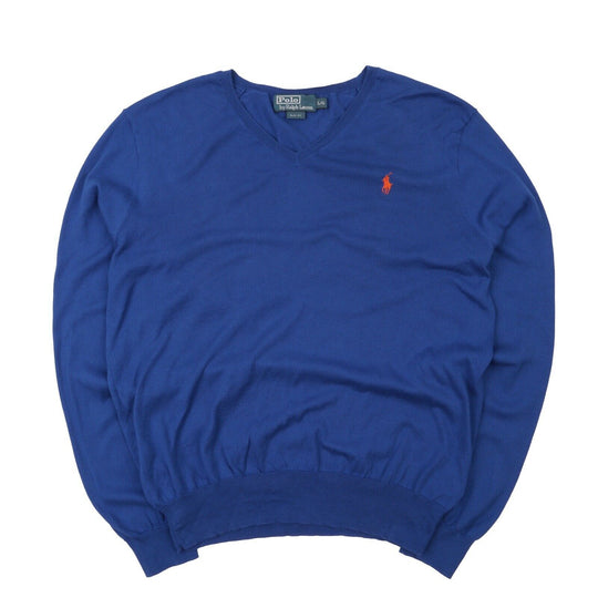 Men's POLO RALPH LAUREN Blue Pima Cotton V-Neck Jumper Size L