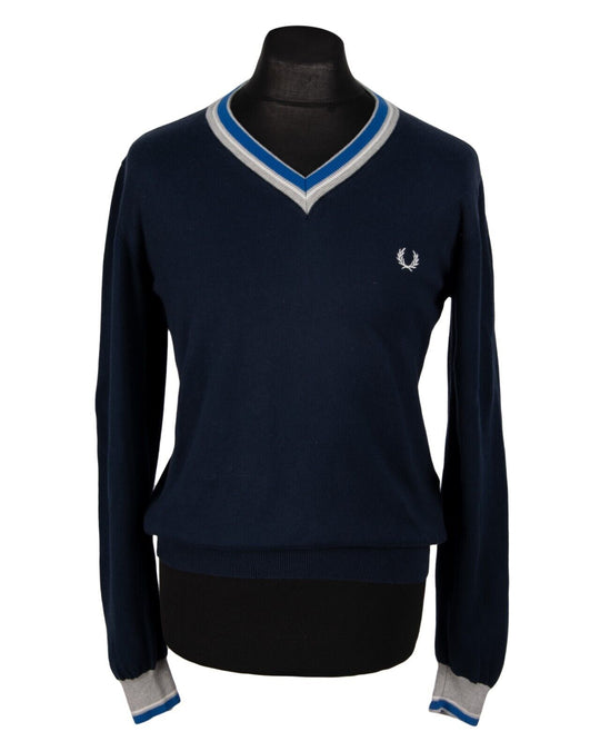 Vintage FRED PERRY Pullover V Neck Navy Blue Cotton Men's Jumper Size S