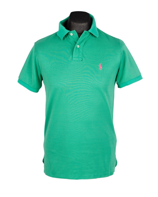 RALPH LAUREN Polo Shirt Green Pique Cotton Men's Short Sleeve Custom Fit Size M