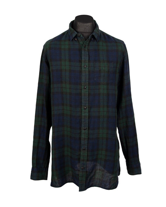 ALLSAINTS Crossguard Ls Shirt Navy Green Check Linen Men's Size L