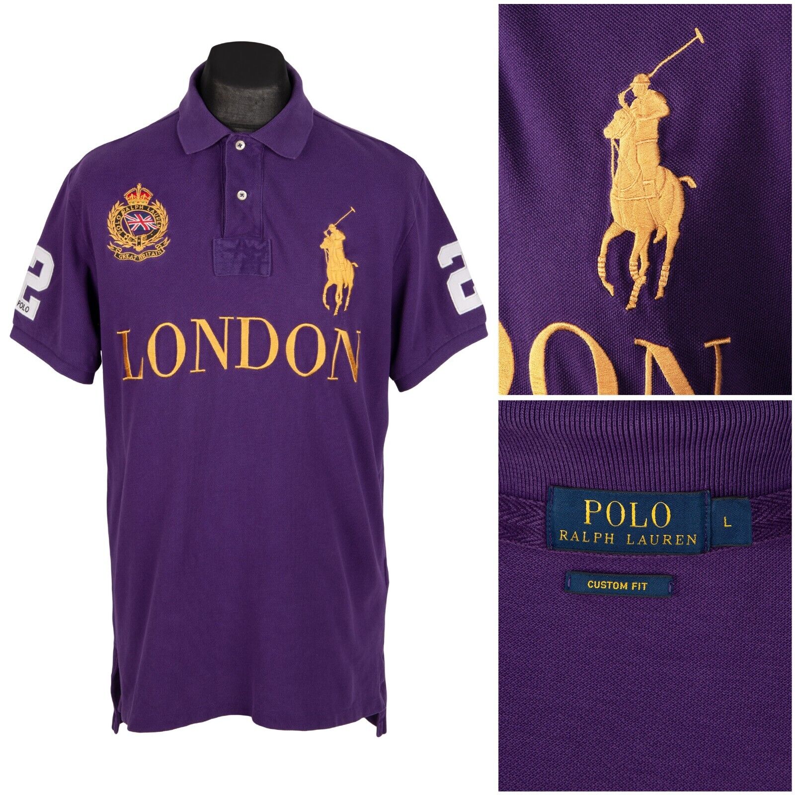 POLO RALPH LAUREN London Polo Shirt Purple Cotton Mens Big Pony
