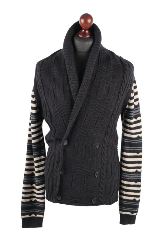 Men's JUST CAVALLI Black Striped Cable Knit Cardigan Size XL