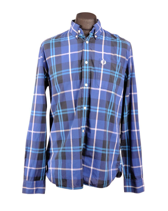 FRED PERRY Shirt Blue Check Cotton Men's Size L