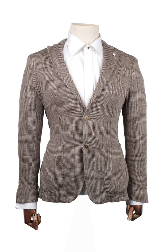 Men's L.B.M. 1911 Brown Linen Glen Check Blazer Sport Coat Size IT 46 UK 36