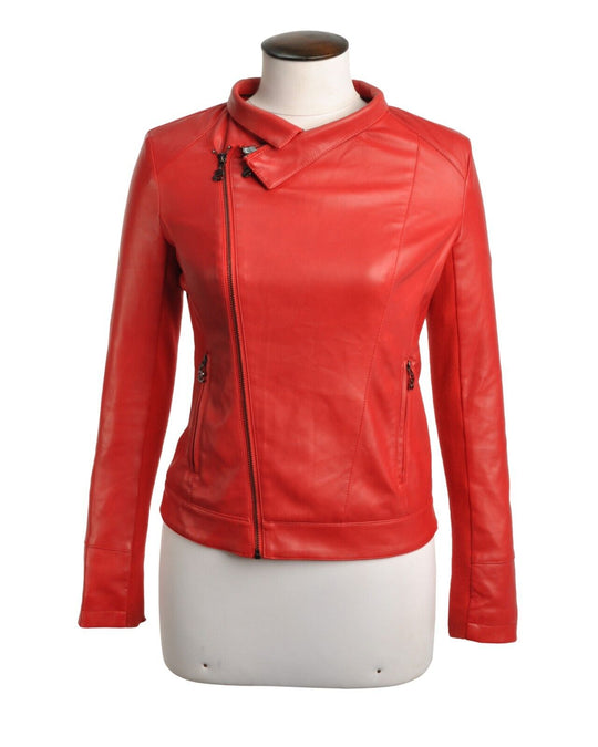 DESIGUAL Jacket Red Faux Leather Asymmetrical Full Zip Womens Size 36