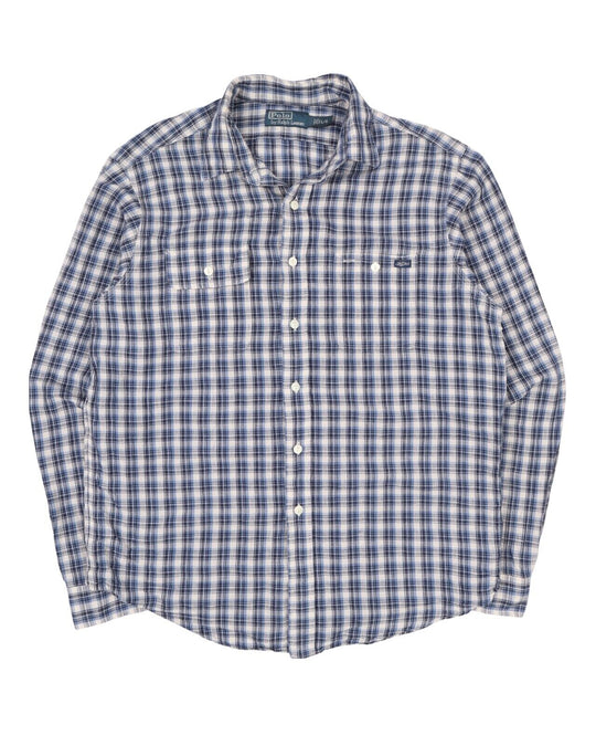 Men's POLO RALPH LAUREN Blue Check Cotton Linen Pocket Shirt Size L