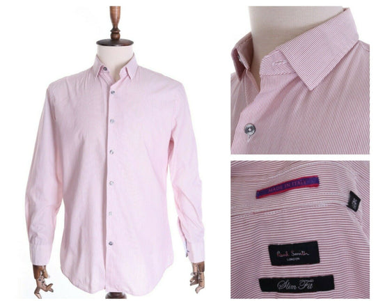 Men's PAUL & SMITH LONDON Pink Striped 100% Cotton Slim LS Shirt Size 39 / 15,5