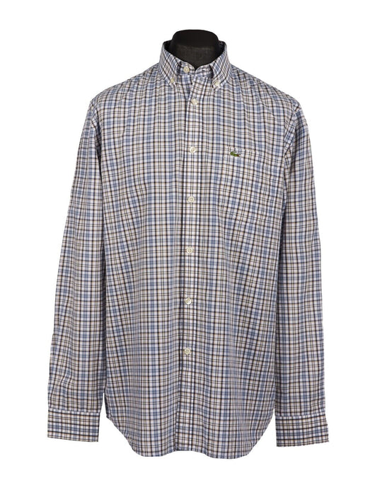 LACOSTE Shirt White Brown Check Cotton Regular Fit Mens Button Down 42 / L