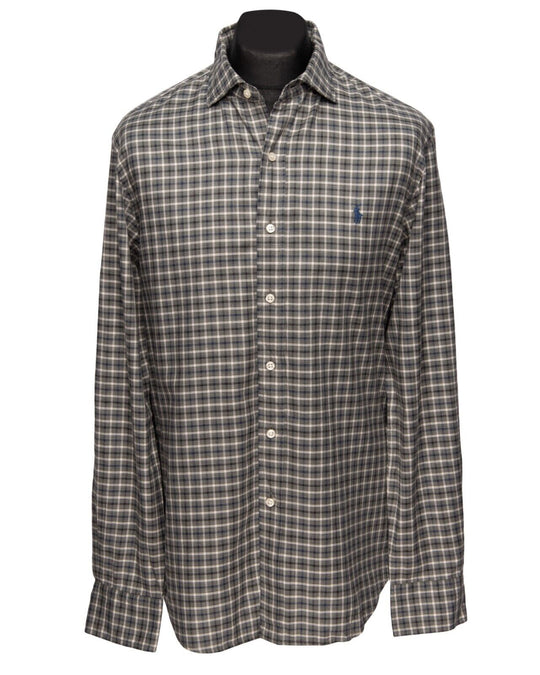 POLO RALPH LAUREN Shirt Gray Black Check Cotton Men's Button Up Slim Fit Size L