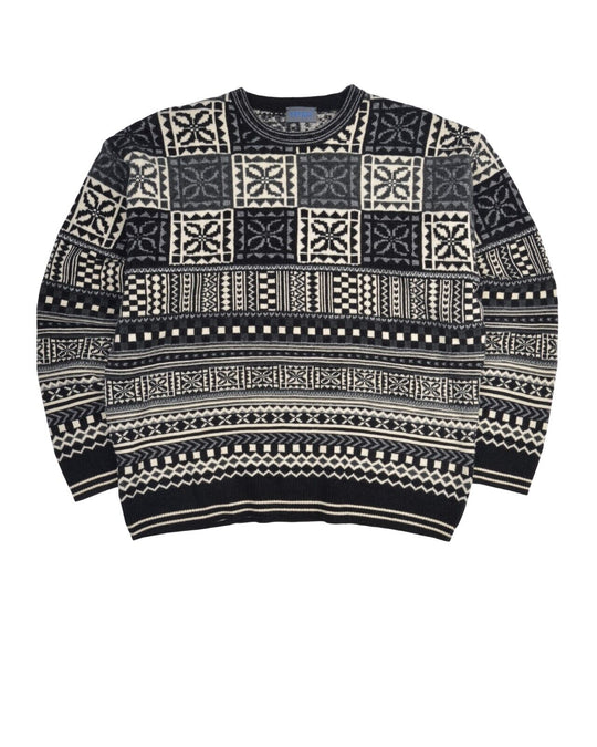 Vintage KENZO Knit Sweater Black White Print Men's Crew Neck Jumper Size L