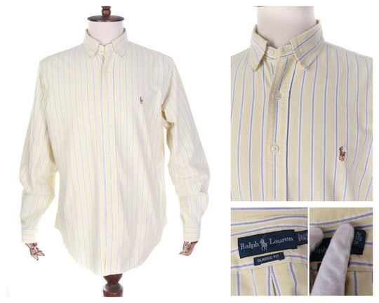 Men's RALPH LAUREN Yellow Striped 100% Cotton LS Shirt Size 36-37 / 16,5