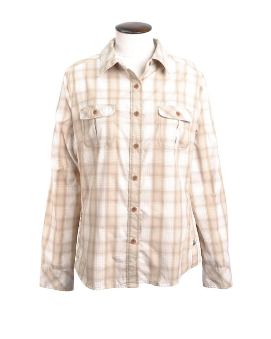 THE NORTH FACE Button Down Shirt Dune Beige Check Stretch Collared Womens Top L