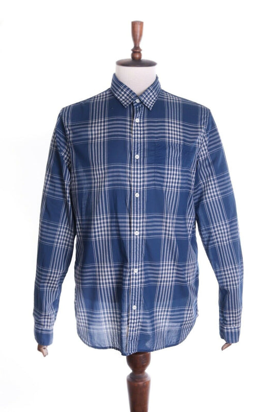 Men's WOOLRICH Navy Blue Check 100% Cotton LS Shirt Size L