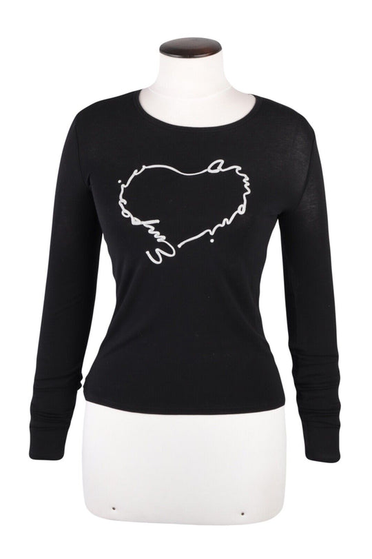 Women's EMPORIO ARMANI Black Heart Lettering Logo Viscose T Shirt Size 42 IT
