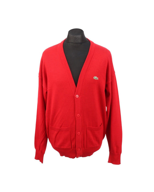 Vintage LACOSTE Red Wool Blend Waffle Knitted Men's Cardigan Jumper Size 5 / L