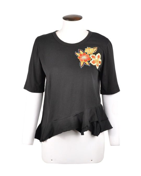Sandro Peplum Tee Black Cotton Embroidered Floral Patch Women's T-Shirt Size 3
