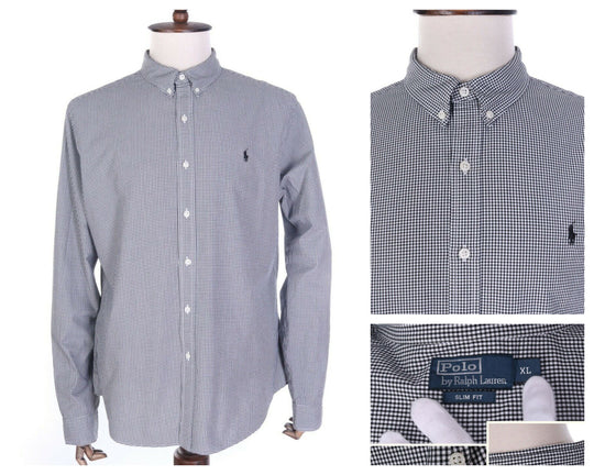 Men's POLO RALPH LAUREN Black Check 100% Cotton LS Slim Fit Shirt Size XL