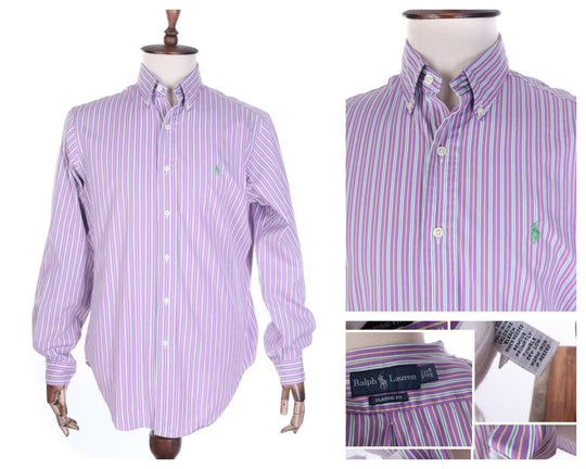 Men's RALPH LAUREN Purple Striped Cotton Classic Fit LS Shirt Size 34-35 / 15,5