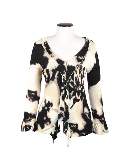 ICEBERG Blouse Black White Floral Print V-Neck Ruffle Trim Womens Top Size 46/L