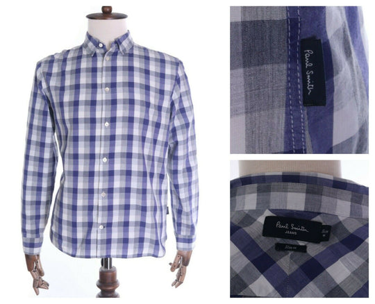 Men's PAUL SMITH JEANS Navy Check 100% Cotton Slim Fit LS Shirt Size M