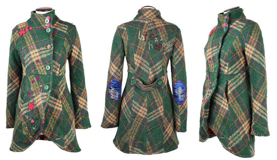 Women's DESIGUAL Green Wool Blend Check Coat Jacket Size XS / s