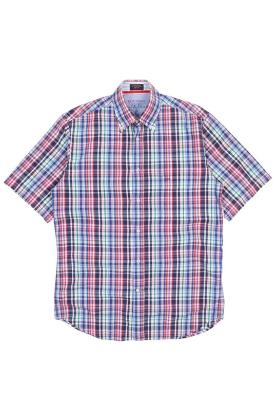 Men's PAUL & SHARK Multicolour Blue Check Short Sleeve Shirt Size 40 / L