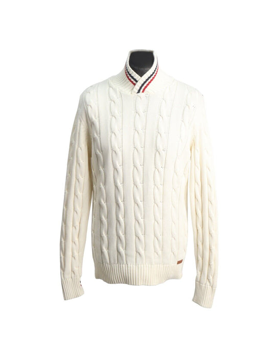 BARBOUR Pullover Ivory Shawl Neck Cable Knit Cotton Men's Jumper Size L