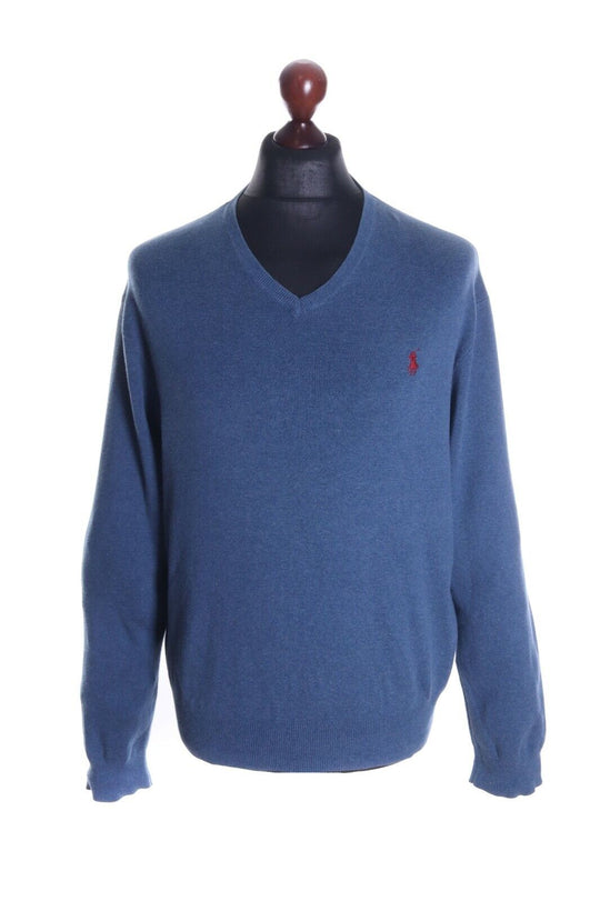 Men's RALPH LAUREN Navy Blue 100% Pima Cotton V-Neck Jumper Size L