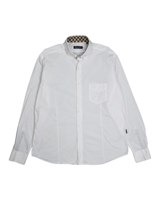 AQUASCUTUM Shirt White Cotton Men's Button Down Elbow Patches Size 44 / 17.5