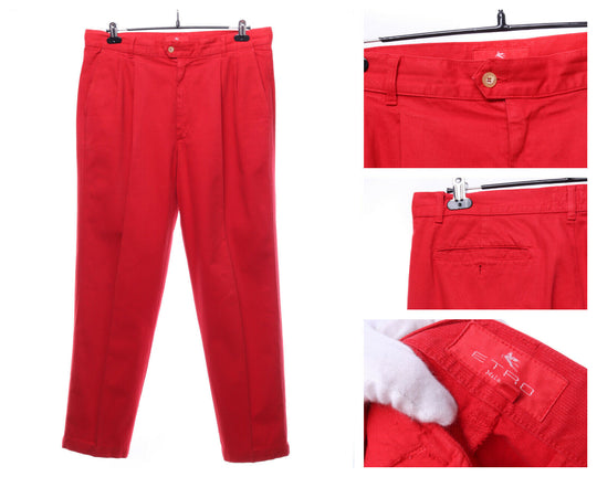 ETRO MILANO Red Cotton Tapered Pleated Chino Pants Size 54