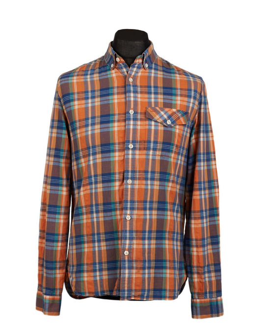 WOOLRICH Shirt Orange Navy Cotton Plaid Mens Button Down Size ~ M