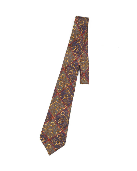 Vintage CELINE Tie Brown Horse Bit Silk Men's Woven Necktie