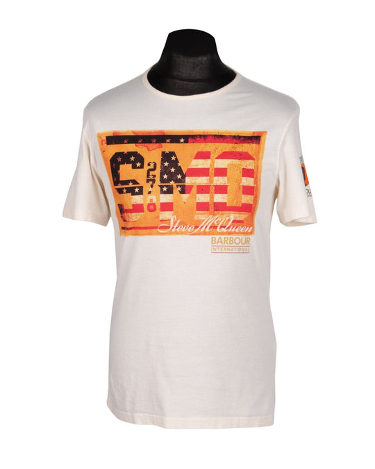 BARBOUR International Steve Mcquen T-Shirt Ivory Big Logo Cotton Men's Size M