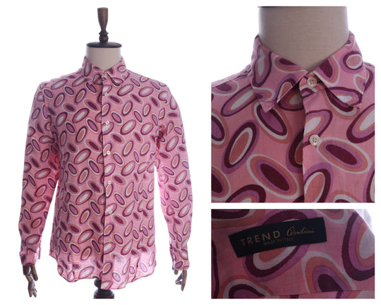 TREND CORNELIANI Italy Pink Geometric Pattern LS 100% Ramie Shirt Size M