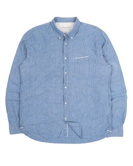 Men's OFFICINE GENERALE Blue Chambray Selvage Denim Pocket Shirt Size XL