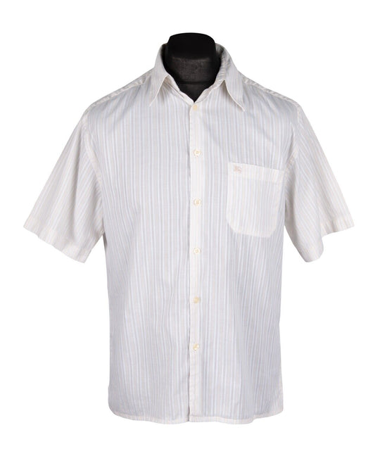 Vintage BURBERRY Shirt Beige Striped Cotton Mens Short Sleeve Size L