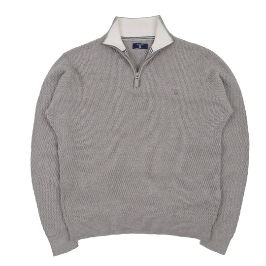 Men's Vintage  GANT Grey Cotton Waffle Knit Zip Neck Jumper Size L