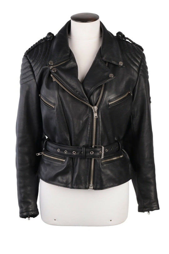 Women's Vintage Black Epaulette Belted Biker Leather Jacket Size 44
