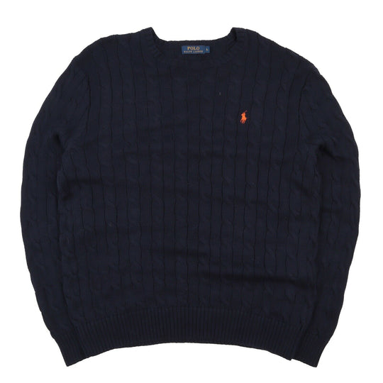 Men's POLO RALPH LAUREN Navy Blue Cotton Cable Knit Sweater Jumper Size L