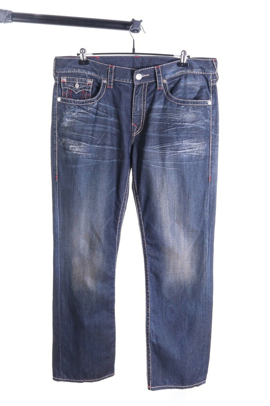 Men's TRUE RELIGION Navy Blue 100% Cotton Faded Denim Straight Jeans Size 38