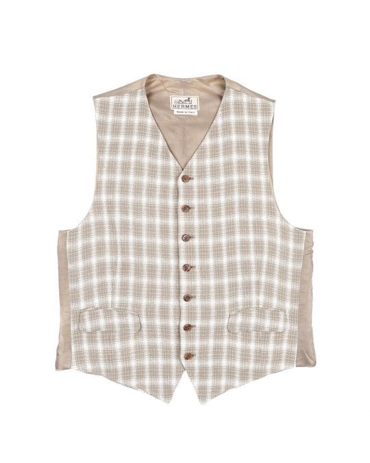 HERMES Paris Vest Beige Check Linen Sleeveless Button Front Waistcoat Size 52 IT